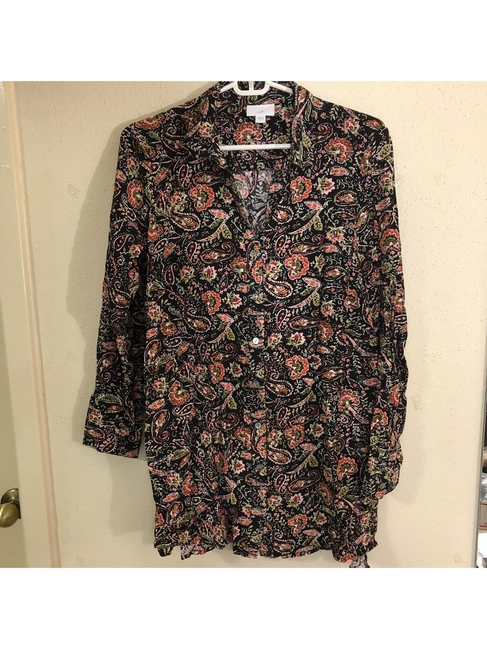 Preowned J. Jill Tunic Womens Small Black Floral Paisley Button Up Long Sleeve